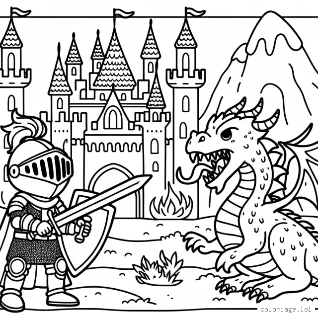 Un brave petit chevalier protégeant son imposant château de l'attaque d'un dragon féroce et cracheur de feu