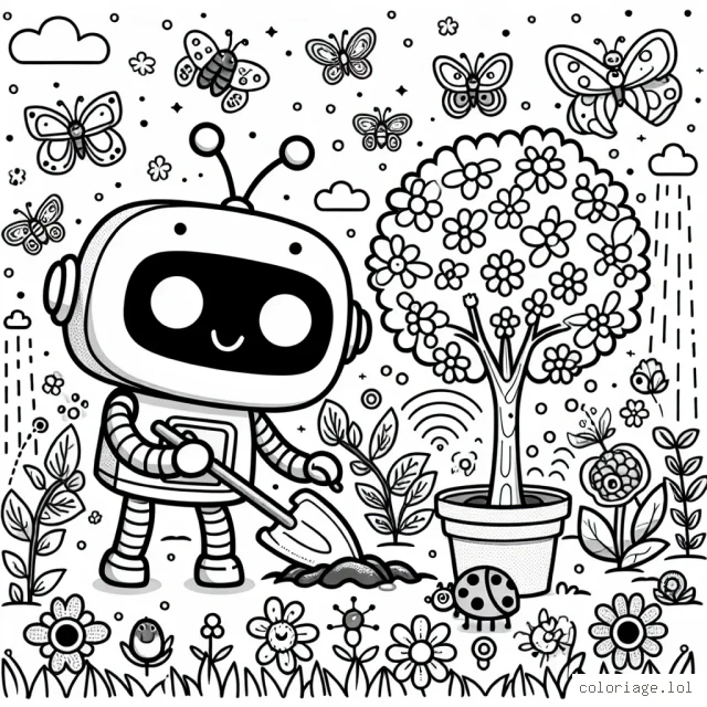 Un petit robot amical nommé Roby est en train de planter un arbre dans un jardin bourdonnant d'insectes divers. Roby est entouré de fleurs colorées, de papillons volants, de coccinelles grimpant sur les brins d'herbe et d'une fontaine pétillante en arrière-plan. Dessine et colorie le jardin animé de Roby le robot !