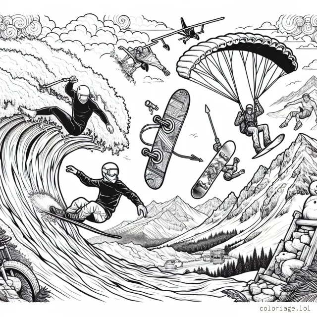 Dans cette illustration, vous avez la chance de mettre vos talents artistiques à l'épreuve en coloriant une scène exceptionnelle de sports extrêmes ! Regardez, il y a un surfeur attrapant une énorme vague, un skydiver qui traverse le ciel bleu et même un snowboardeur dévalant une montagne enneigée. Mais ce n'est pas tout ! Pouvez-vous repérer le grimpeur se balançant d'une falaise, le skateur faisant une cascade impressionnante et le VTTiste naviguant sur un chemin rocailleux ? Mettez de la couleur dans ces activités palpitantes et laissez votre imagination s'envoler !
