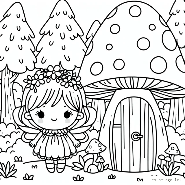 Une petite fée à l'extérieur de sa maison champignon dans une forêt enchantée