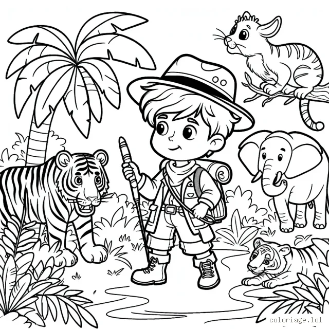 Un petit garçon explorateur dans la jungle avec des animaux exotiques