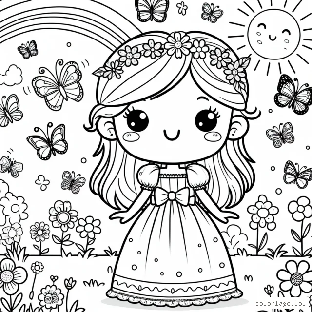 Imagine une petite princesse aux longs cheveux blonds, portant une longue robe avec des papillons flottants tout autour d'elle. Les papillons sont de différentes couleurs et tailles. Elle se tient dans un jardin coloré avec des fleurs variées et joyeuses, un arc-en-ciel au loin et le soleil souriant dans le ciel.