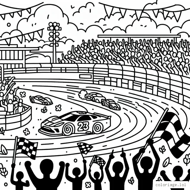 Dessine une course passionnante de voitures de sport sur une piste animée avec des supporters dans les gradins.