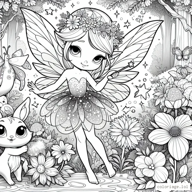 Une petite fée aux ailes lumineuses se prépare pour la grande fête des fleurs dans la forêt enchantée. Elle porte une robe qui brille comme les étoiles et tiens une baguette magique qui peut faire éclore les bourgeons. Autour d'elle, se trouvent des animaux de la forêt qui l'observent avec admiration et des fleurs de toutes sortes prêtes à se mettre en beauté pour la fête.