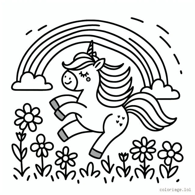 Dessine une licorne qui danse dans un champ de fleurs avec un arc-en-ciel en arrière-plan