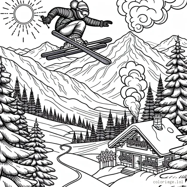 Sur votre page de dessin, imaginez un paysage montagneux avec un skieur accomplissant une acrobatie audacieuse sur une piste de ski extrême. Les sapins enneigés entourent la piste, et en bas, vous pouvez voir un chalet accueillant avec de la fumée s'évitant de la cheminée. N'oubliez pas d'ajouter un soleil éclatant et un ciel bleu clair dans le décor.