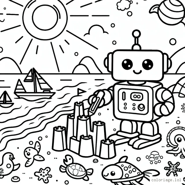 Un robot amical en train de construire son propre château de sable sur une plage ensoleillée, entouré d'animaux de mer amicaux