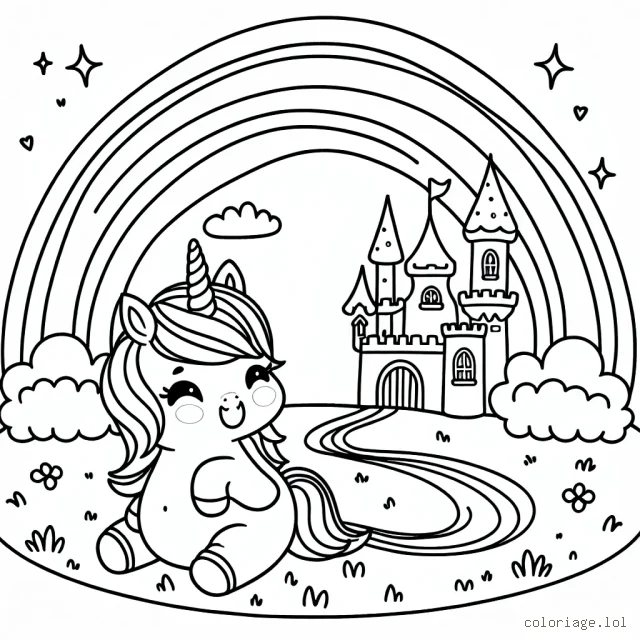 Une petite licorne mignonne joue sous un arc-en-ciel près d'un château de princesses enchanté.