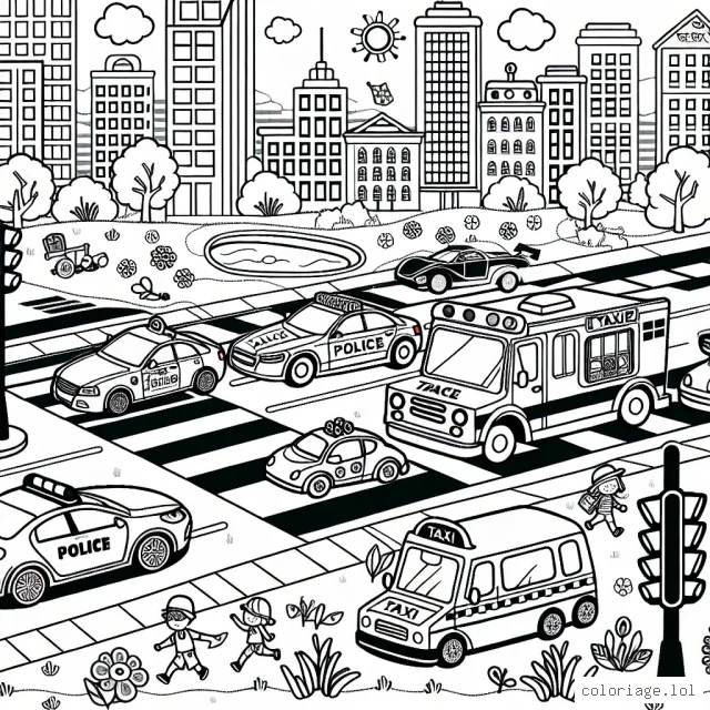 Voici une scène animée où différentes voitures parcourent une ville animée. On y voit une voiture de police, une voiture de course, un taxi jaune et une camionnette à glace. Il y a également différents éléments d'arrière-plan : des bâtiments, des feux de circulation, un passage pour piétons et un parc avec un étang. Des enfants jouent sur la pelouse. Fais bouger cette ville en lui ajoutant de la couleur!