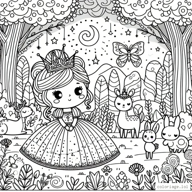 Une petite princesse au milieu d'une forêt enchantée entourée d'animaux magiques.
