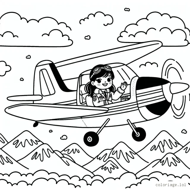 Dessine un pilote d'avion survolant les montagnes avec son petit avion à hélices. L'avion est en plein ciel et nous pouvons apercevoir les montagnes enneigées en bas. Le pilote à l'intérieur sourit et salue. N'oublie pas non plus les nuages flottant autour de l'avion dans le grand ciel bleu !