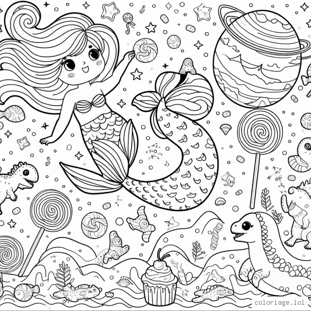 Générer un coloriage pour enfant avec des sirènes dans un univers galactique rempli de bonbons et de dinosaures.