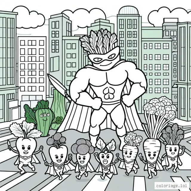 Dessine une équipe de superhéros de légumes combattant un monstre de fast-food géant dans une ville colorée.
