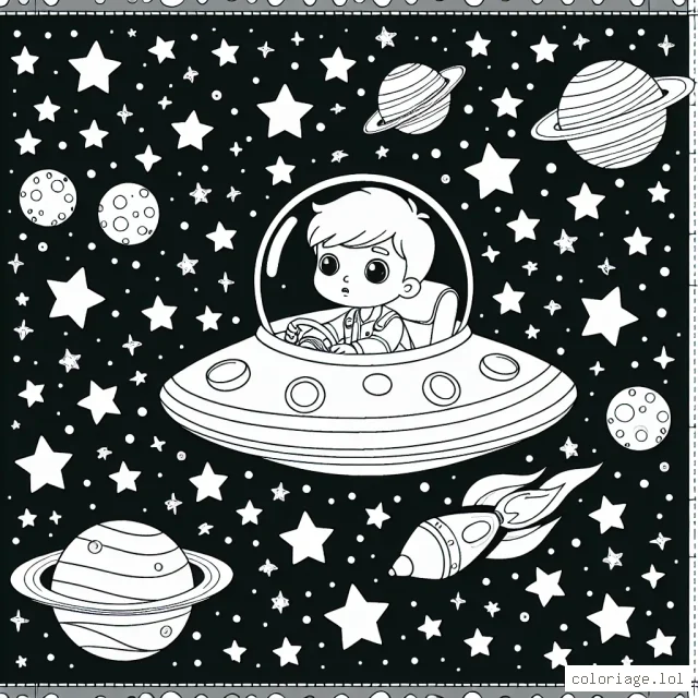 Un petit garçon parcourant la galaxie à bord de son vaisseau spatial, entouré d'étoiles scintillantes et de planètes colorées.