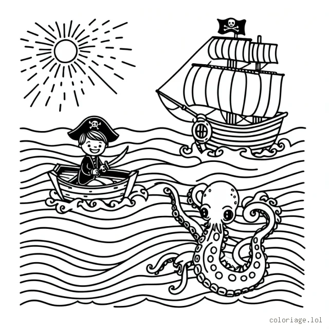 Un petit garçon navigue sur un navire pirate à travers les océans, animé par la quête du plus grand trésor des mers tandis qu'un kraken s'éveille des profondeurs.