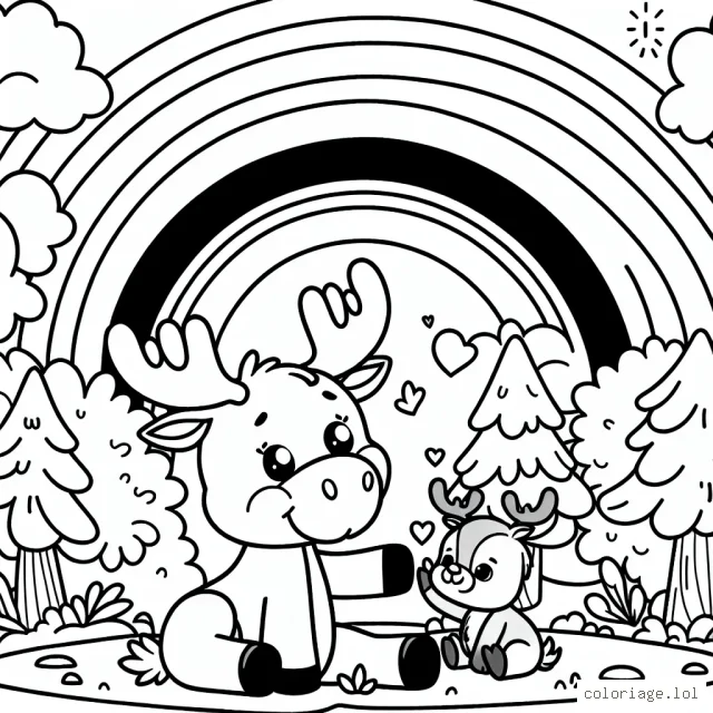 Un petit élan malicieux qui joue avec ses amis de la forêt sous un magnifique arc-en-ciel
