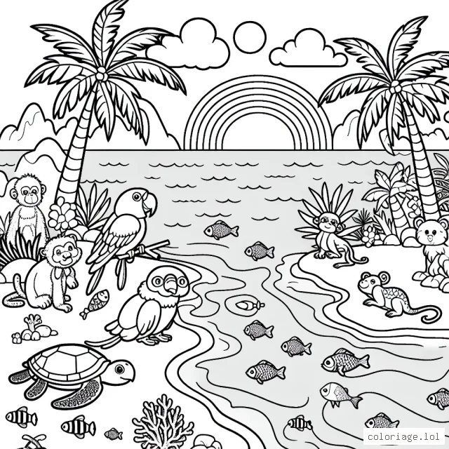 Sur une île tropicale vivent différents animaux comme des perroquets, des singes, des lézards et des flamants roses. Les palmiers ombragent les petits sentiers qui mènent à la plage où des tortues de mer viennent pondre leurs œufs. Des poissons de toutes les couleurs nagent dans la mer cristalline. Au loin, on aperçoit un jamais vu auparavant, un arc-en-ciel de corail.
