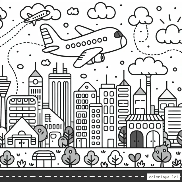 Un grand avion survolant la ville aux immeubles colorés et une station d'aviation en activité