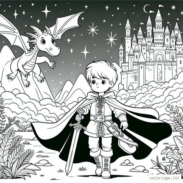 Un jeune garçon prince du royaume mystique, vêtu d'une cape d'aventurier et tenant son épée familière, se prépare à monter son dragon volant. Sa cité fortifiée, pleine de tourelles étincelantes et des jardins verdoyants, est visible en arrière-plan, sous un ciel étoilé.