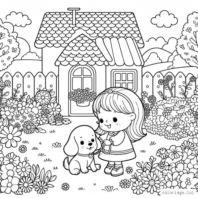 Une petite fille joue avec son chiot dans un jardin fleuri devant une jolie maison