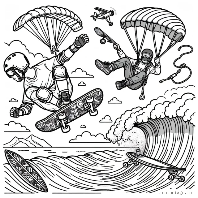 Imagine un dessin comportant un skateur effectuant une figure audacieuse sur une rampe, un surfeur sur une vague gigantesque et un parachutiste s'élançant d'un avion. Les détails comme les casques, les planches et l'équipement sportif doivent être soignés.