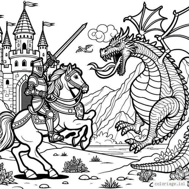 Dans un univers fantastique, un brave chevalier équipé de son armure luisante et son fidèle destrier se préparent à affronter un dragon cracheur de flammes. À côté, un magnifique château médiéval attend le retour victorieux du chevalier.