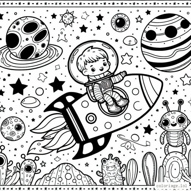 Un petit garçon brave explorateur navigue à travers les étoiles dans une fusée spatiale colorée. Des planètes étranges et diverses créatures intergalactiques l'attendent dans cet univers infini.