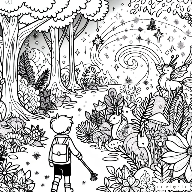 Un petit garçon explorant une forêt enchantée peuplée de créatures magiques et de fleurs lumineuses.