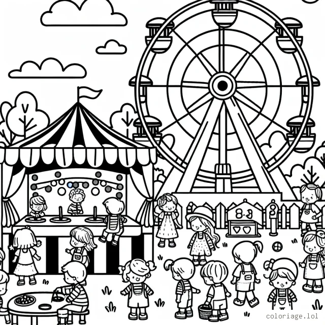 Image d'une fête foraine avec une grande roue, des stands de jeux et des enfants qui y jouent