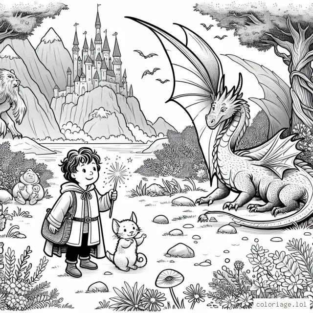 Un petit garçon audacieux s'aventure à travers la forêt enchantée, remplie de créatures mythiques. À côté de lui, son fidèle compagnon, un gentil dragon aux ailes imposantes. Sur leur chemin, ils découvrent un trésor scintillant, protégé par un géant endormi. À l'arrière-plan, un château majestueux s'élève, surplombant la forêt.
