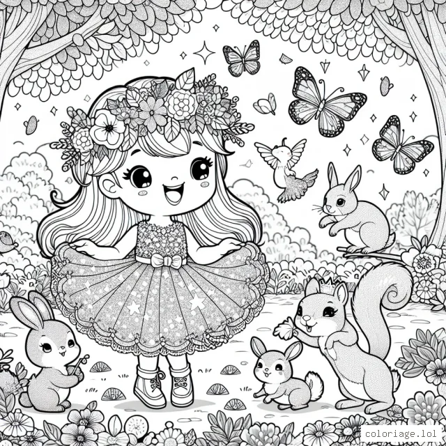 Dans un monde féerique, une petite princesse s'amuse avec ses amis les animaux de la forêt. Elle est dehors dans un joli jardin plein de fleurs colorées et d'arbres aux feuilles scintillantes. Tout autour d'elle, des oiseaux chantent, des lapins sautillent et des papillons dansent dans l'air. Elle porte une jolie couronne de fleurs et une robe scintillante, et elle est en train de donner à manger à un adorable petit écureuil.