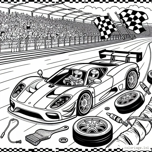 Trace les lignes d'une scène de course effrénée avec des voitures de sport super rapides sur une piste de course sinueuse. N'oublie pas d'ajouter des détails comme les drapeaux à damier, les pneus de rechange et les foules enthousiastes dans les gradins. N'oublie pas de dessiner des casques de protection sur les pilotes et de rendre les voitures aussi colorées que possible.