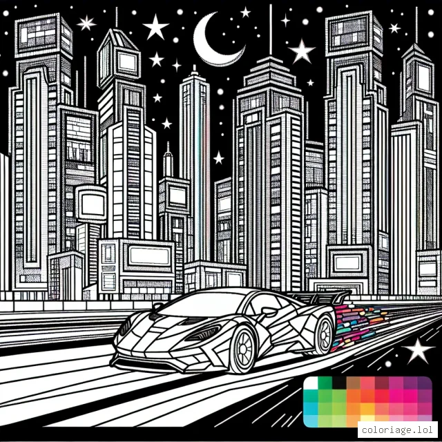 Une voiture de sport futuriste filant à travers une ville de néons vibrante et animée sous un ciel étoilé. Des gratte-ciels y sont parsemés de publicités lumineuses aux couleurs vives et aux formes géométriques.