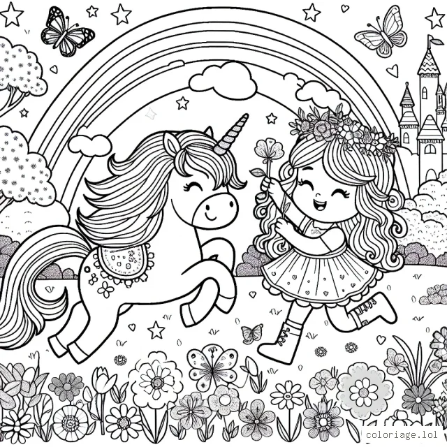 Imaginez un charmant paysage de printemps où une petite fille aux longs cheveux bouclés joue gaiement avec une licorne pétillante sous un arc-en-ciel scintillant. Le cadre contient également de jolis papillons virevoltants, des fleurs printanières en pleine floraison et un château magique au loin.