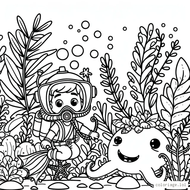Dessine une flore sous-marine avec un aventurier scaphandrier à la recherche d'un trésor