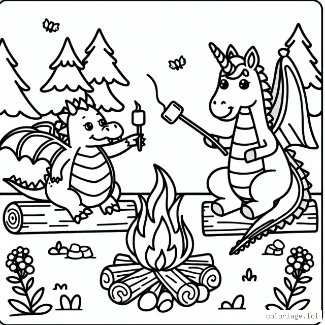 Un dragon amical qui fait cuire des marshmallows sur un feu de bois avec une licorne