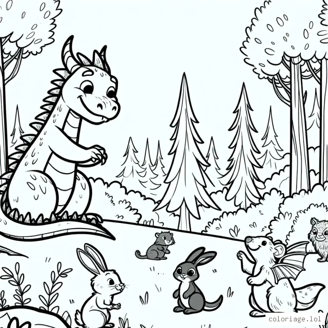 Imagine une scène où un dragon amical joue avec des animaux de la forêt.