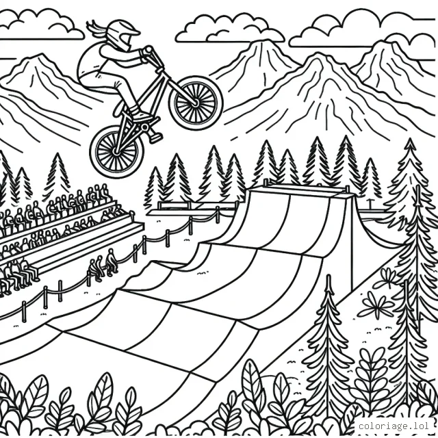 Créer un dessin impliquant un vélo BMX exécutant un saut épique au-dessus d'une piste entourée de montagnes, d'arbres et de public.