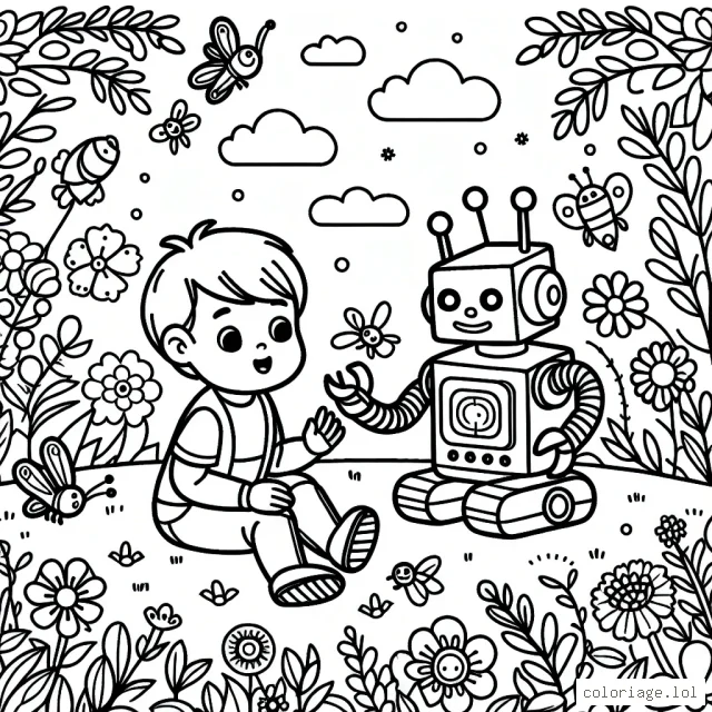 Un petit garçon rêveur jouant avec son robot préféré dans un jardin parsemé de fleurs et d'insectes multicolores.