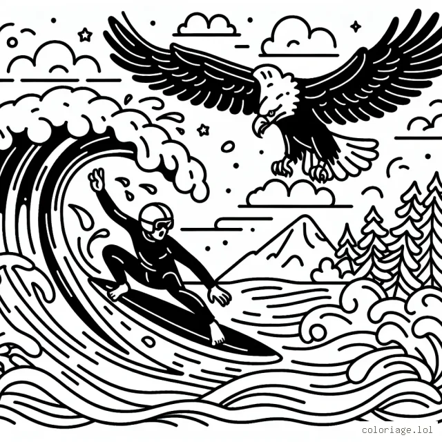 Un surfeur téméraire prenant une vague gigantesque avec un aigle en vol en arrière-plan
