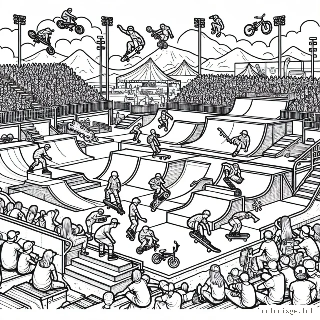 Un grand parc d'attractions de sports extrêmes, plein d'action et d'énergie, peuplé de sportifs audacieux.