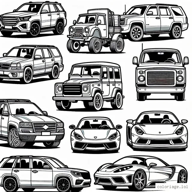 Dessine une série de voitures de différentes marques. Assure-toi d'inclure une variété de styles et de modèles.