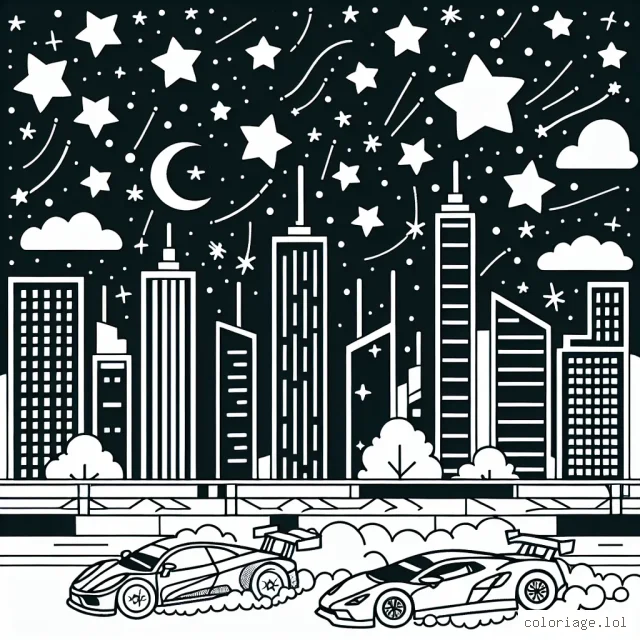 Imaginez et colorez une scène animée de voitures de course traversant un paysage urbain lors d'une soirée étoilée.