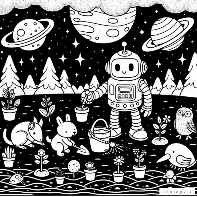 Dessine un gentil robot qui jardine avec ses amis les animaux sur une planète lointaine