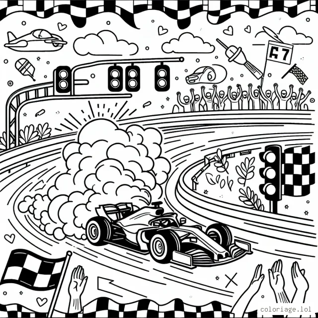 Griffonne une voiture de course en pleine action, remplie de fumée de l'échappement, autour d'un parcours animé avec des panneaux signalétiques, des feux de circulation et des applaudissements du public.