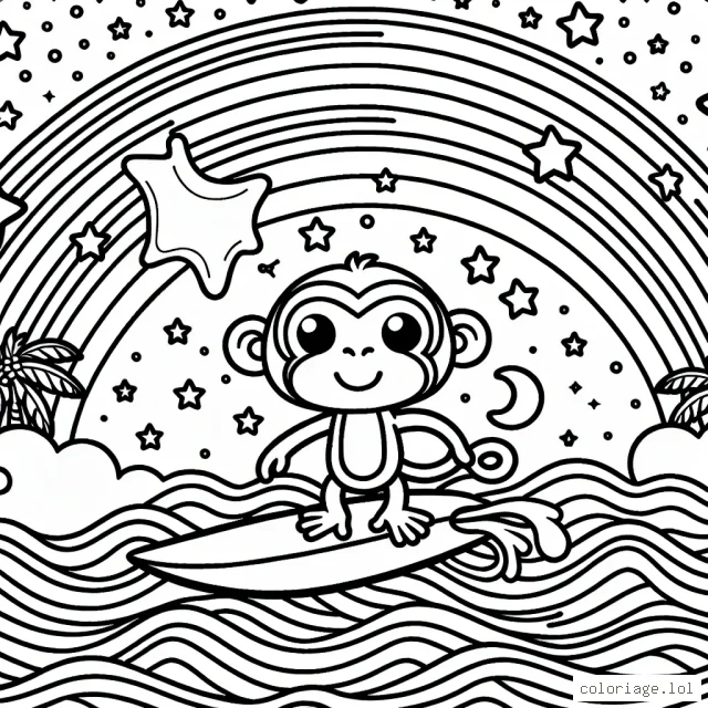 Un singe qui fait du surf sur les vagues de l'océan sous un arc-en-ciel rempli d'étoiles