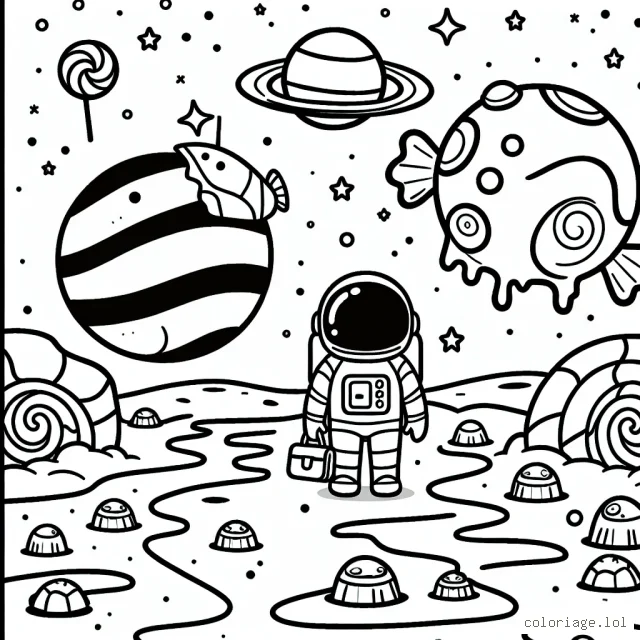 Un petit astronaute explorant une planète remplie de bonbons géants et de rivières de chocolat