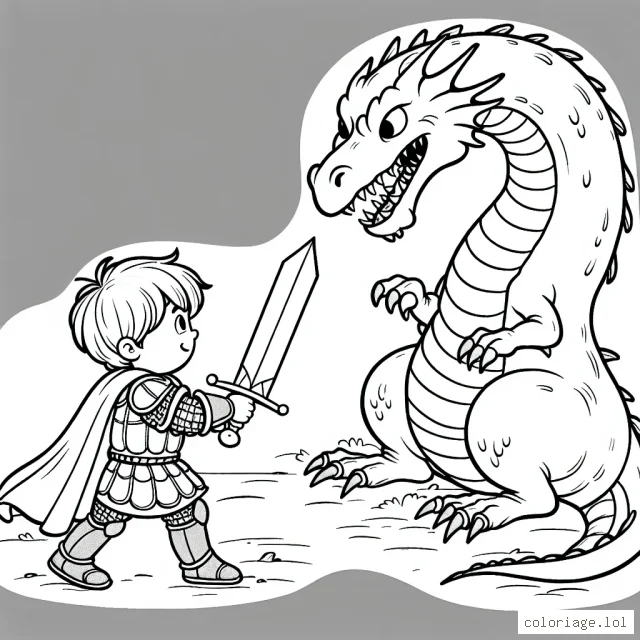 Un jeune chevalier courageux défendant son royaume contre un dragon terrifiant