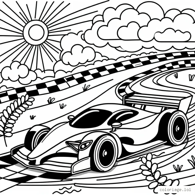 Dessinez et colorez une scène animée mettant en scène une voiture de course rutilante, zigzaguant à travers un parcours sinueux avec des cheering crowds sur le côté. N'oubliez pas de colorer le ciel ensoleillé et le circuit de course rempli de couleur.