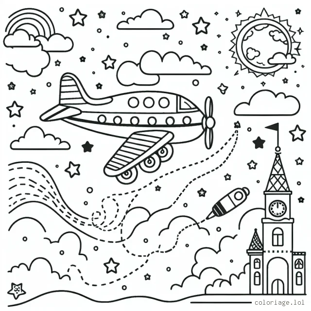 Tu es pilote d'un avion pour une journée magique! Colorie l'avion, le ciel azur et d'autres éléments pour rendre ton voyage encore plus excitant!